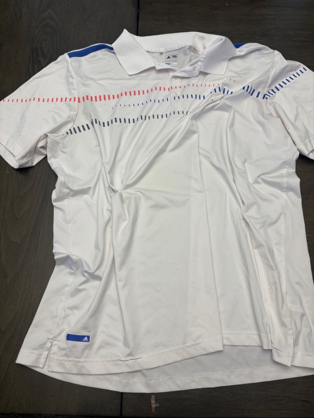 adidas White Polo with Blue & Red Stripe Accents